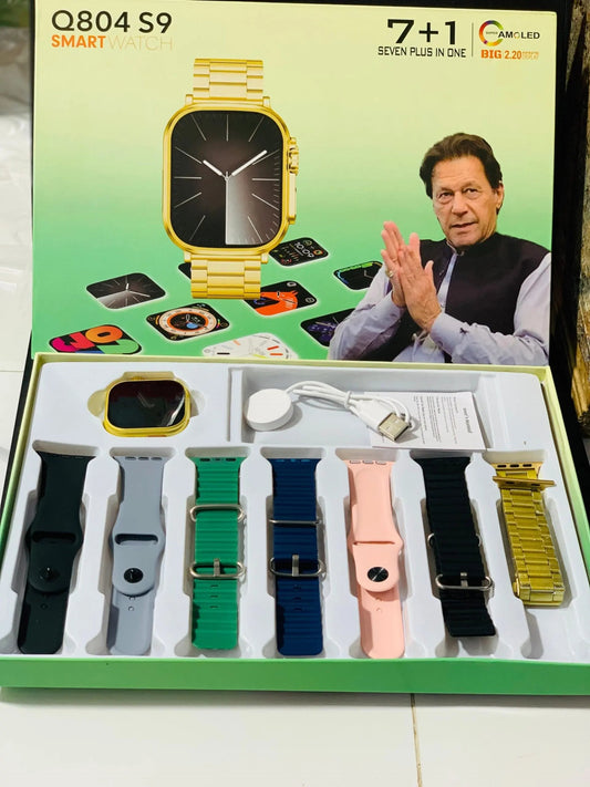 Q804 Imran Khan New Model Watch – Golden Color with 7 Straps & Original Metal Strap HAR Shopping Mall